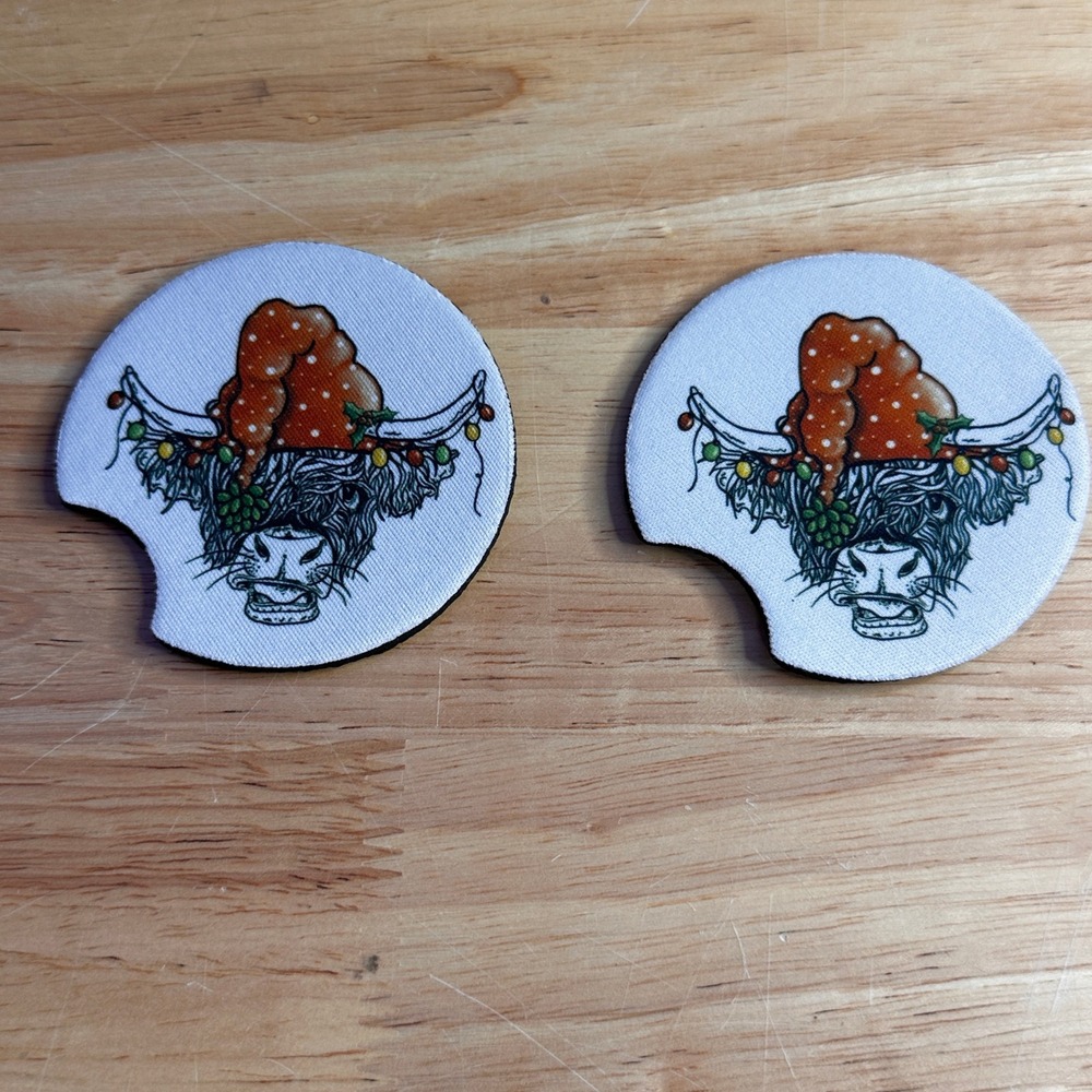 Christmas Highland Cow Car Coaster Set 2pc Holiday Mushroom Hat Farmhouse Decor